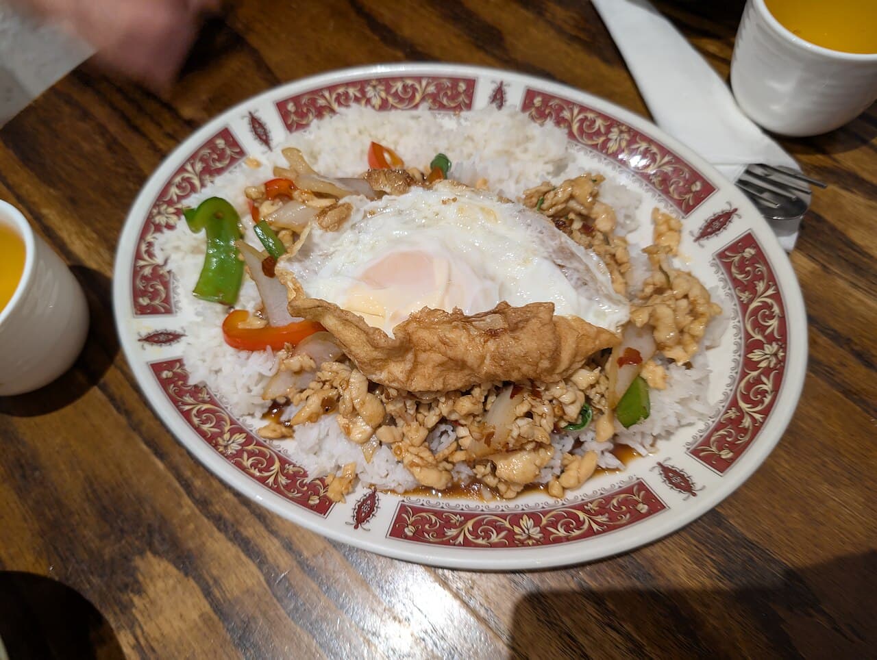 Pad Kra Pao with a fried egg on rice